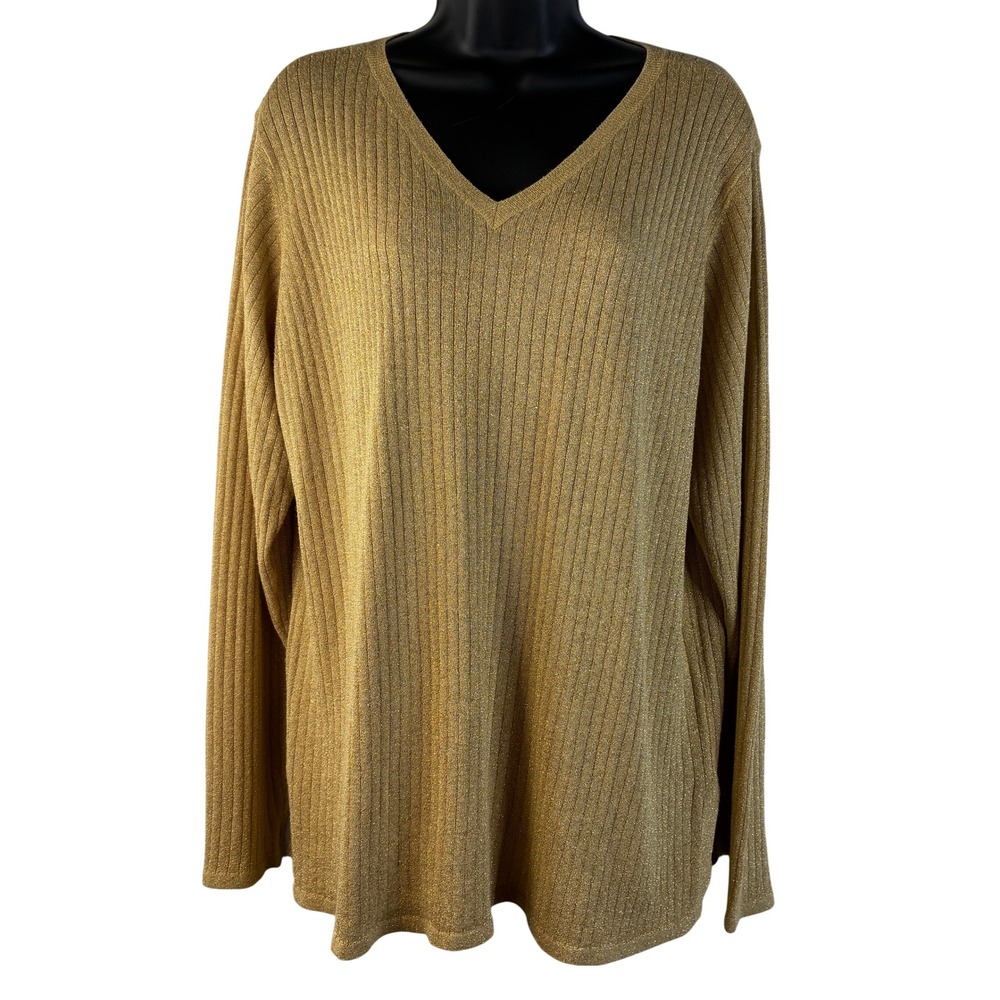 Susan Graver‎ Womens XL Style Gold Metallic Ribbed V-Neck Sweater Long Sleeve